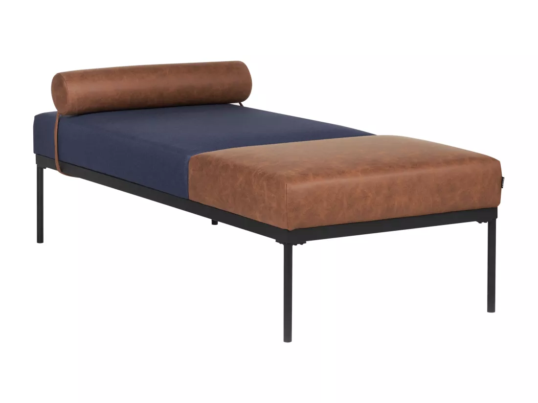 Chaise longue en lin synthétique et en similicuir bleu foncé et marron MALMOS