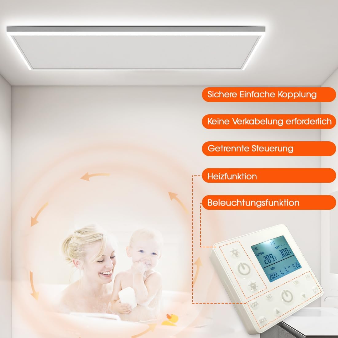 Infrarotheizung Deckenmontage 840 Watt, Infrarot Deckenheizung mit LED Licht Beleuchtung, Infrarotheizung Decke mit Thermostat Fernbedienung, Elektroheizung Heizplatte Heizpaneel Heizkörper 128x63cm