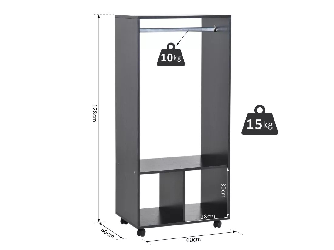 Armoire penderie étagère 2 niches penderie 4 roulettes pivotantes dim. 60L x 40l x 128H cm noir