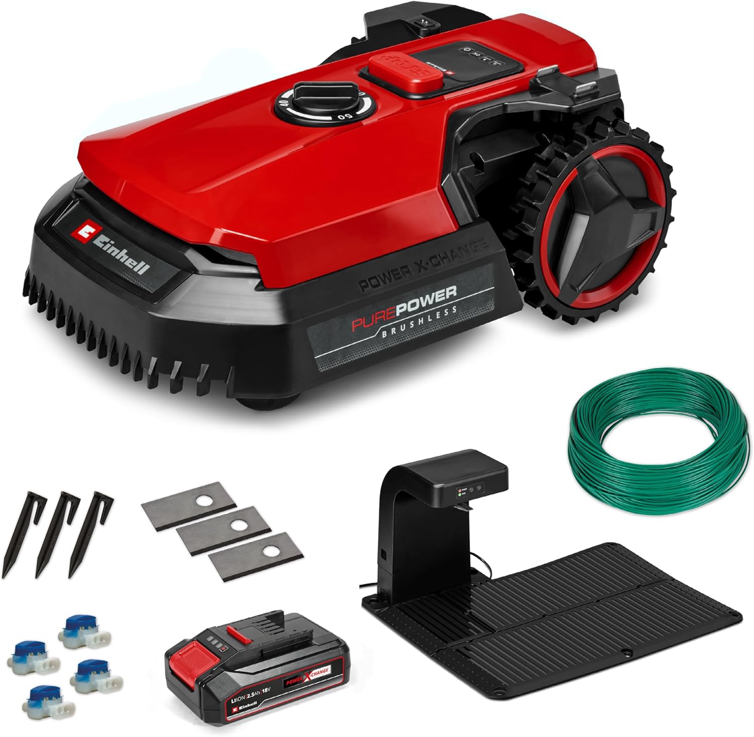 Einhell Mähroboter FREELEXO 500 Power X-Change (18 V, App-Steuerung, IPX5, Over-The-Air Updates via Wi-Fi, inkl. Installationsequipment für 500 m² + 2,5 Ah Plus Akku)
