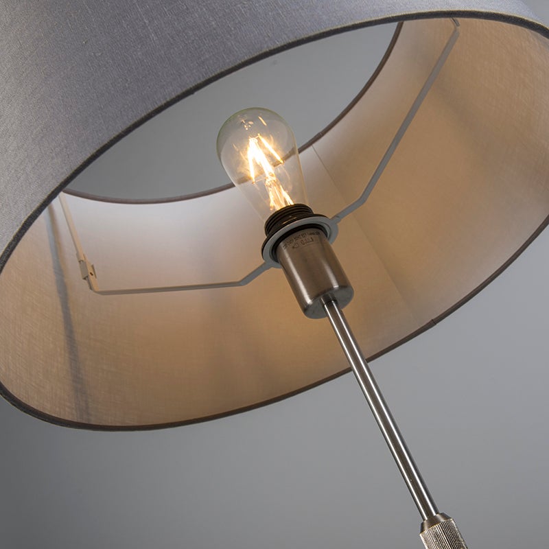 QAZQA - Moderne vloerlamp | Staande lamp | Vloerlamp | Lamp | Licht staal | Zilver | Mat nikkel met grijze lampenkap 45 cm verstelbaar - Parte | Woonkamer | Slaapkamer - Rond staal | Langwerpig