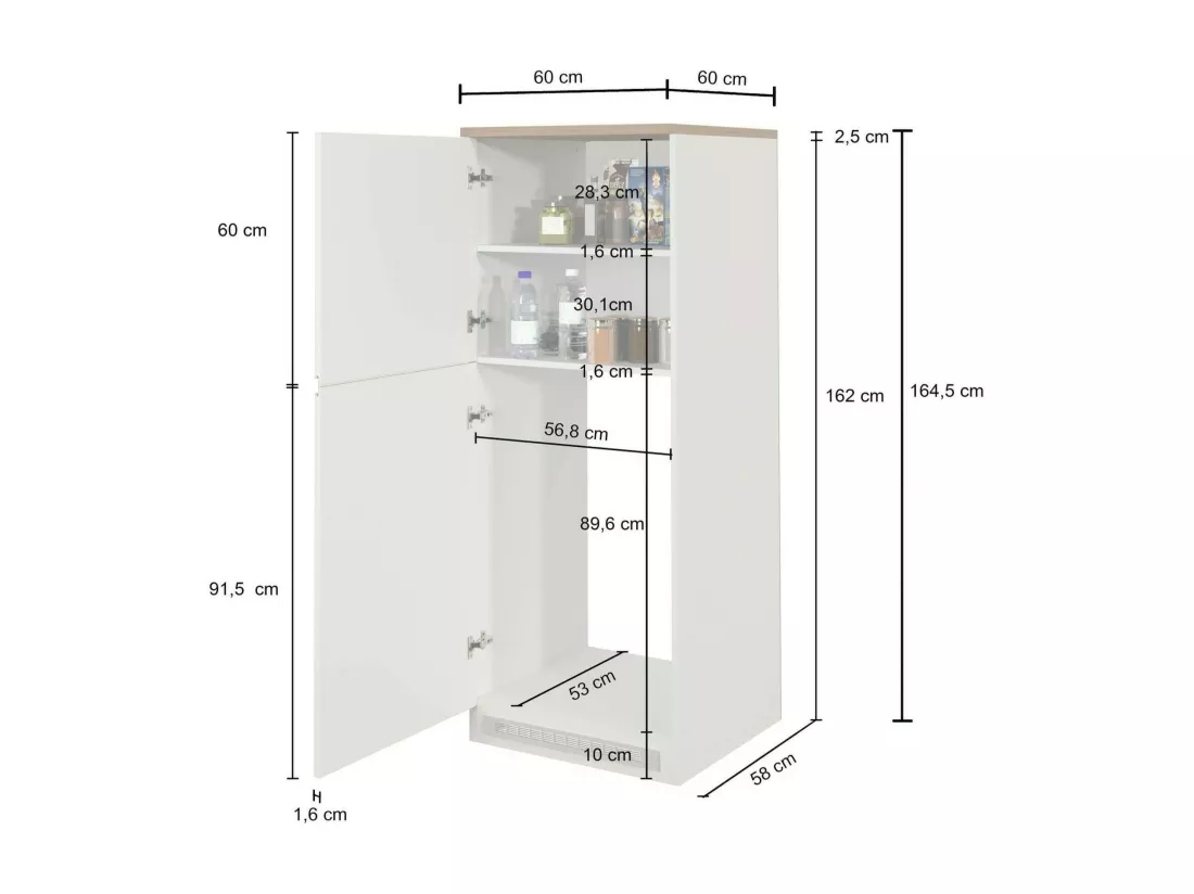 Buffet de Cuisine Dcasasol, Armoire polyvalente, Meuble de kitchenette, Support réfrigérateur multifonctionnel, 100% Made in Italy, 60x60h165 cm, Blanc brillant et chêne