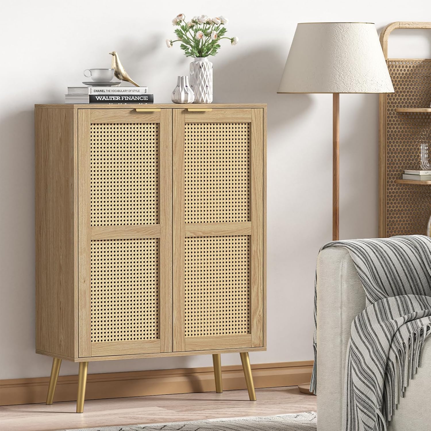 Rattan Sideboard, Küchenschrank mit 2 Türen, Buffetschrank mit verstellbares Regal, Küchenbuffet für Küche Wohnzimmer Esszimmer, Flur, Holz, Landhausstil 80 x 34 x 112 cm