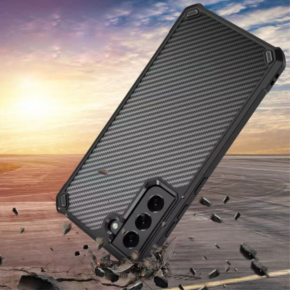 Samsung Galaxy S21 FE 5G Hybrid Bumper Hülle mit Acryl Rückseite im Carbon Look - Schwarz / Transparent