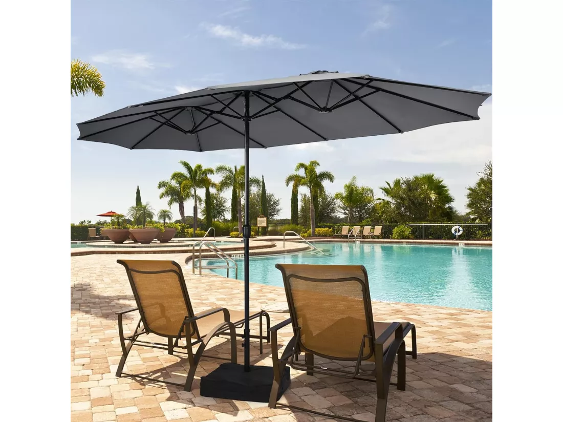 Parasol de Jardin Double 451,5 x 243CM, Parasol Rectangulaire Extra Large avec Base Robuste en Métal et Manivelle, Parasol Jumeau avec Poteau Métallique, pour Patio, Cour, Piscine (Gris)