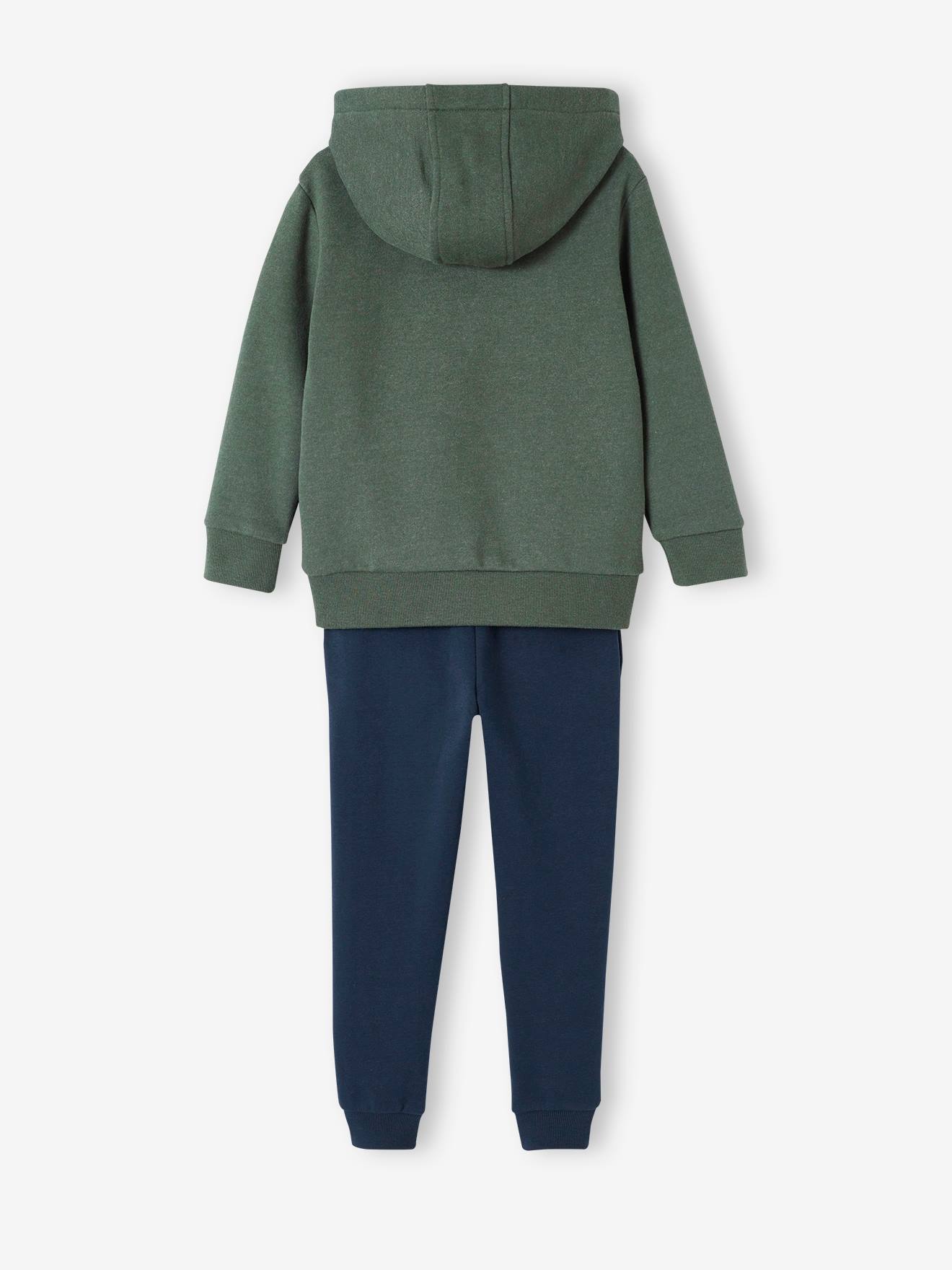Conjunto de treino infantil: casaco com capuz em fleece vermelho mesclado e calça de moletom.