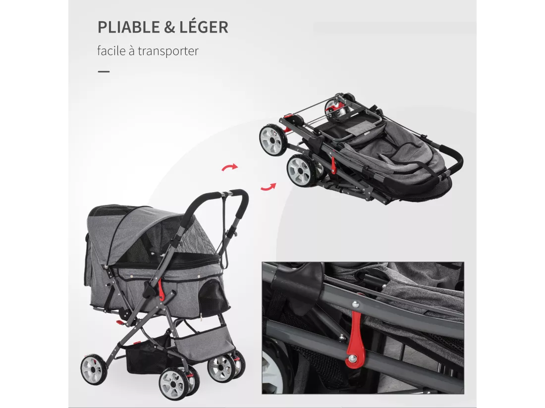 Poussette buggy pliable chien chat panier et sac de rangement attaches sécurité housse réglable poignée réversible acier Oxford gris chiné noir