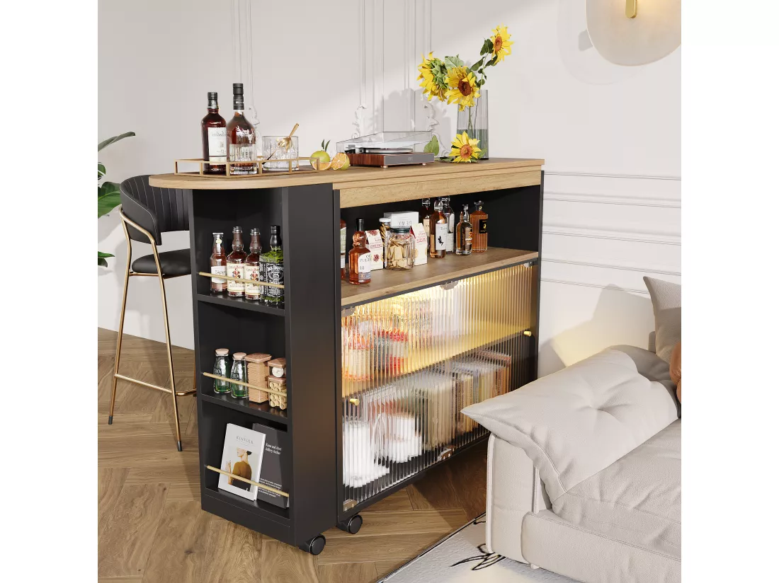 Buffet、Meuble de bar pivotant et escamotable avec LED - compartiments et étagère à épices - Noir