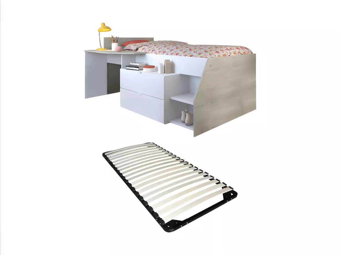 Lit avec bureau et rangements - 90 x 190/200 cm - Blanc et naturel + Sommier - GISELE