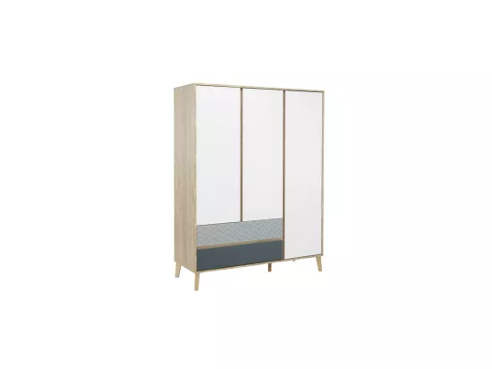 Armoire 3 portes 2 tiroirs Chêne blond/Bleu/Blanc - ESMEY