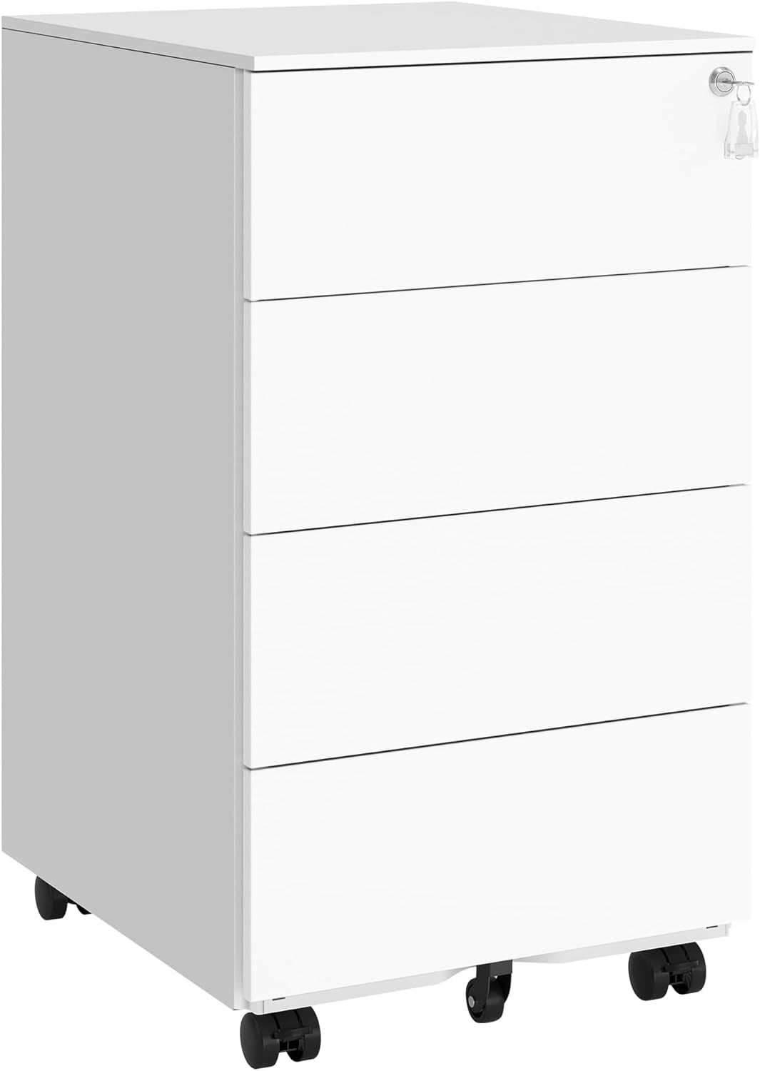 SONGMICS Schubladenschrank, Rollcontainer, mobiler Aktenschrank, Metallschrank, Druckertisch, abschließbar, 4 Schubladen, vormontiert, Büro, Homeoffice, 45 x 39 x 69 cm, wolkenweiß OFC064W14