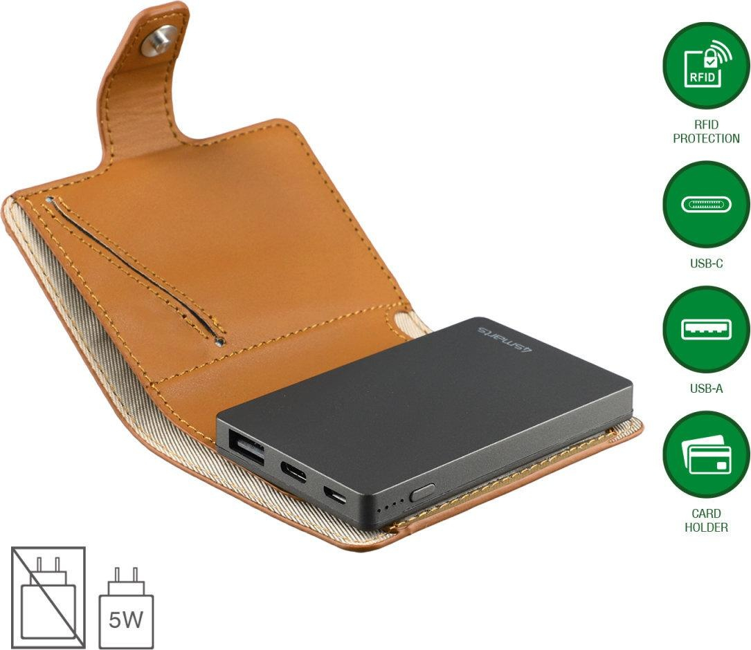 (11W) 3000mAh USB C / USB A Powerbank Wallet Ladegerät mit RFID Schutz (541315) - Braun