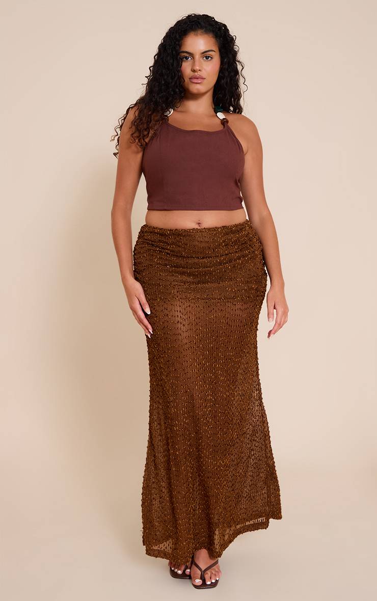 Taupe Jupe Maxi Grande Taille Bouclé Texturé À Taille Repliée Et Froncée