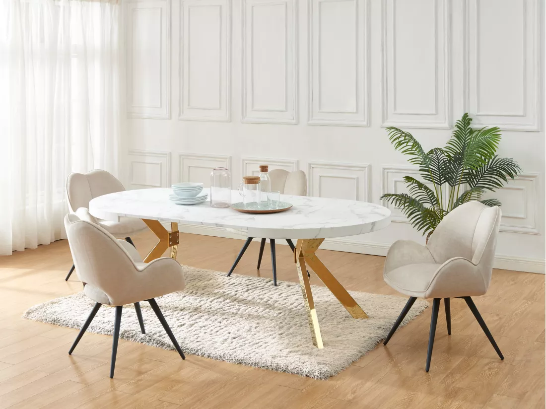 Table à manger extensible 4 à 8 personnes en MDF et acier - Effet marbre blanc et Doré - KOMONI