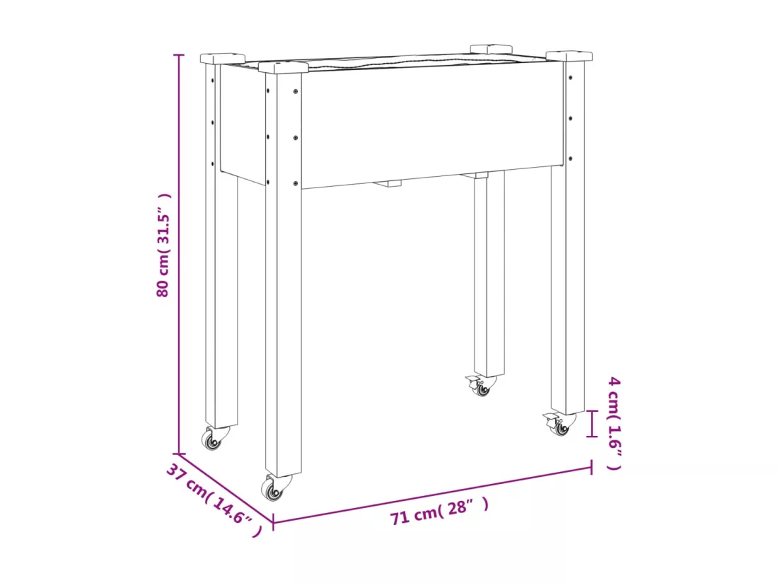 Jardinière sur roues avec doublure brun 71x37x80 cm bois sapin