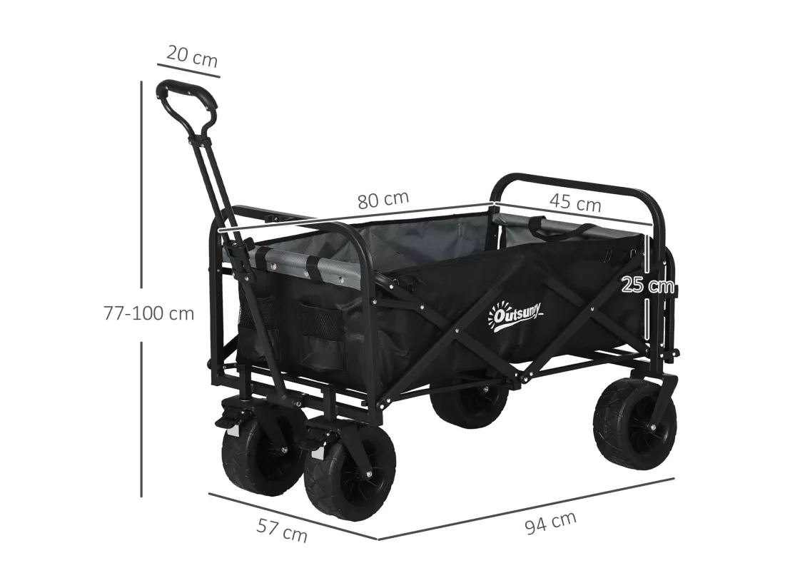 Chariot de jardin 110L pliable 4 roues poignée télescopique réglable porte noir