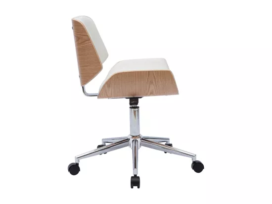 Chaise de bureau à roulettes design blanc, bois clair et acier chromé RUBBENS