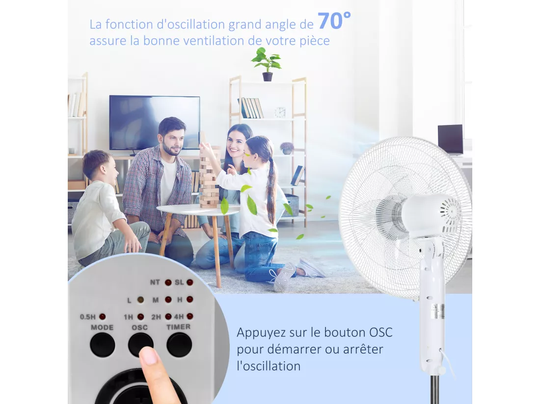 Ventilateur sur pied Ø 44 cm hauteur réglable oscillant silencieux 45 W avec télécommande minuterie 3 modes 3 vitesses blanc