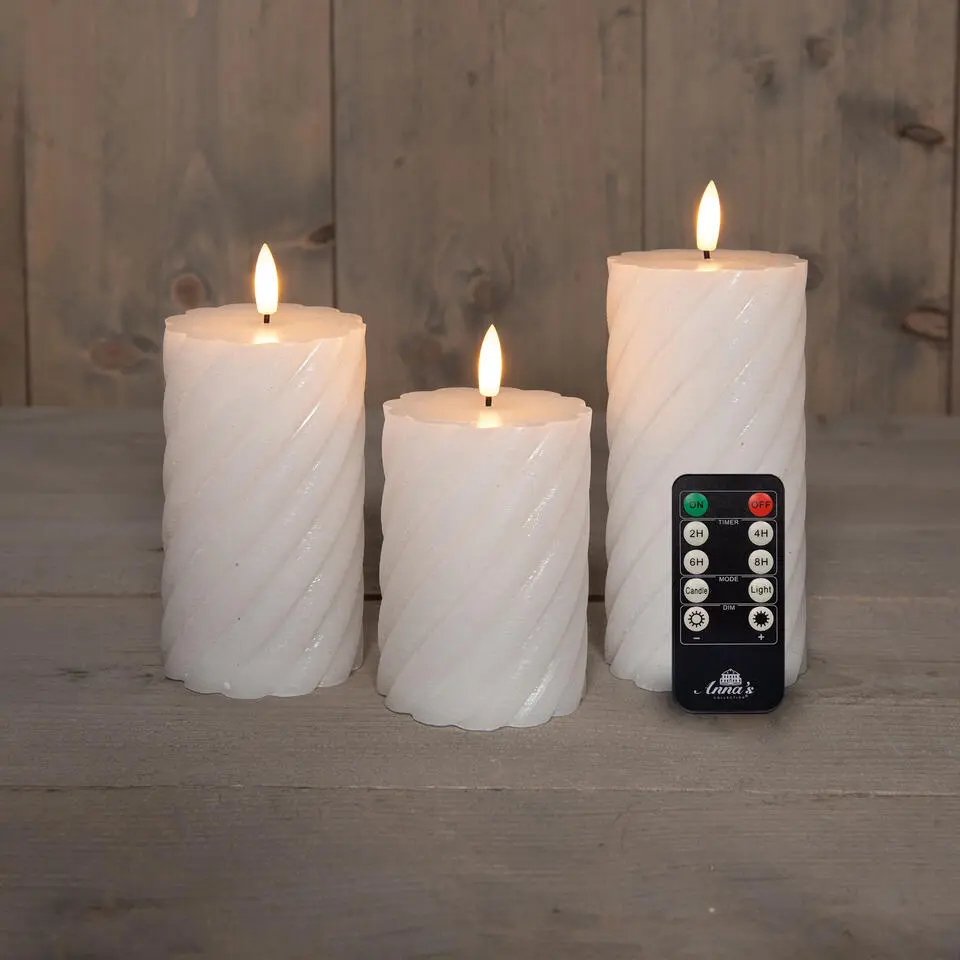 Anna Collection LED kaarsen - 3x - wit -swirl -afstandsbediening