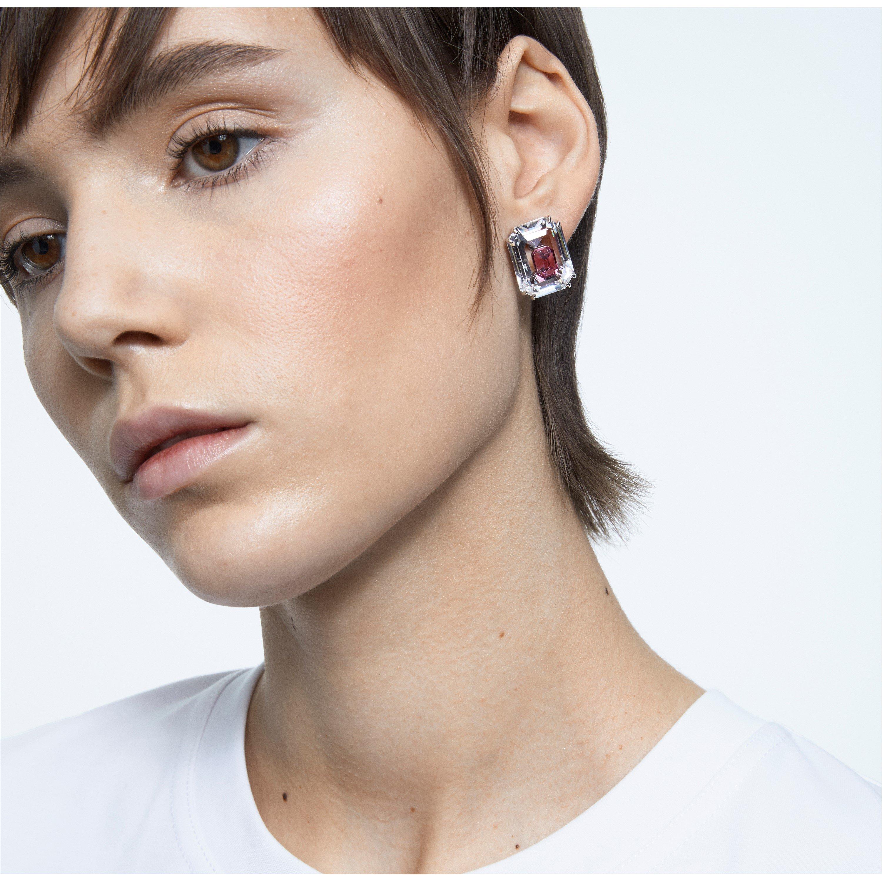 Swarovski Chroma stud earrings, Octagon cut, Pink, Rhodium plated