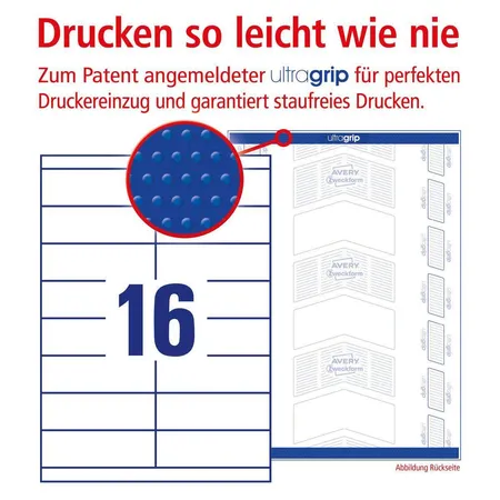 Avery Zweckform 3665 Universal-Etiketten,A4 mit ultragrip,Adressaufkleber 105 x 33,8 mm, 100 Bogen/1.600 Etiketten, weiß