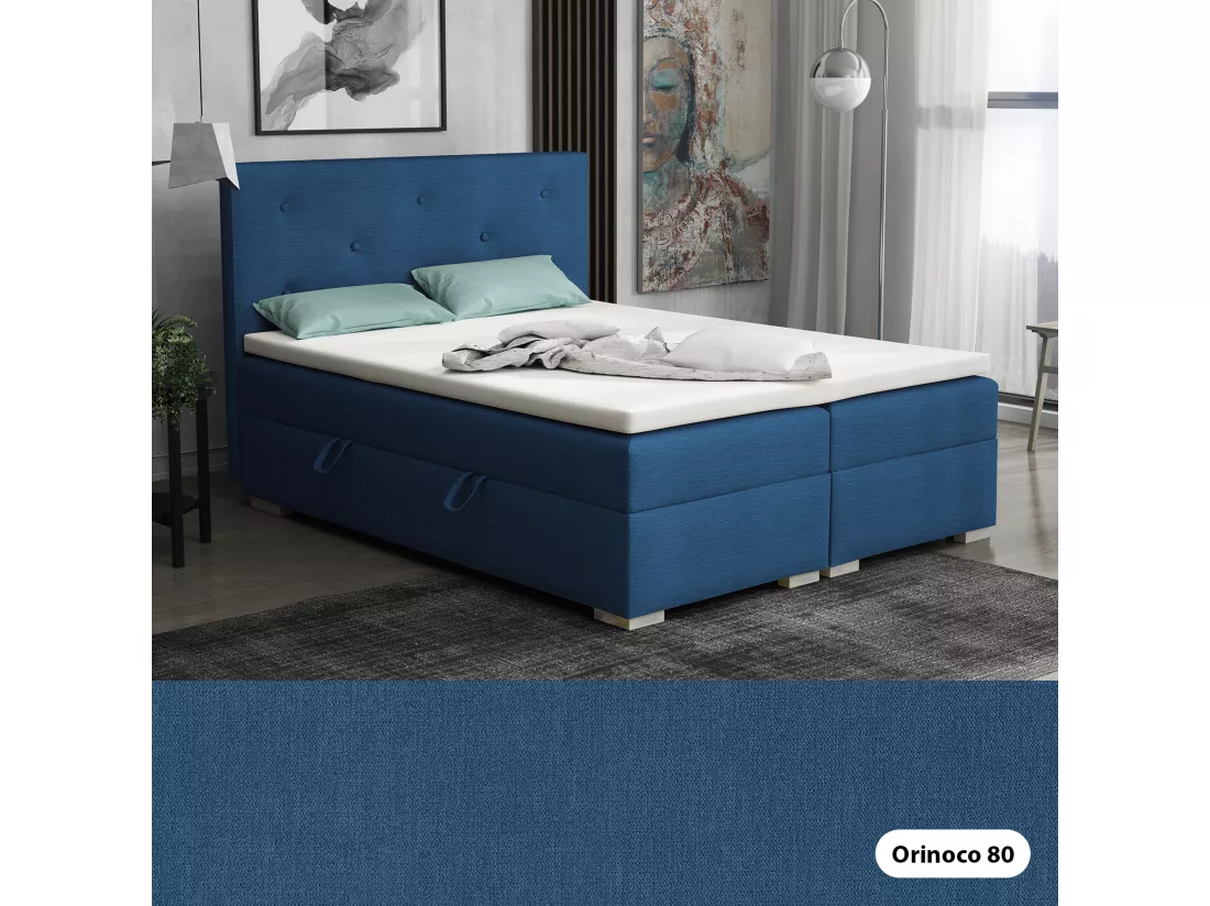 Lit Boxspring avec tiroirs de lit, Coffre de lit Topper Atlanta 140x200 cm, Orinoco 80 (Bleu marine)