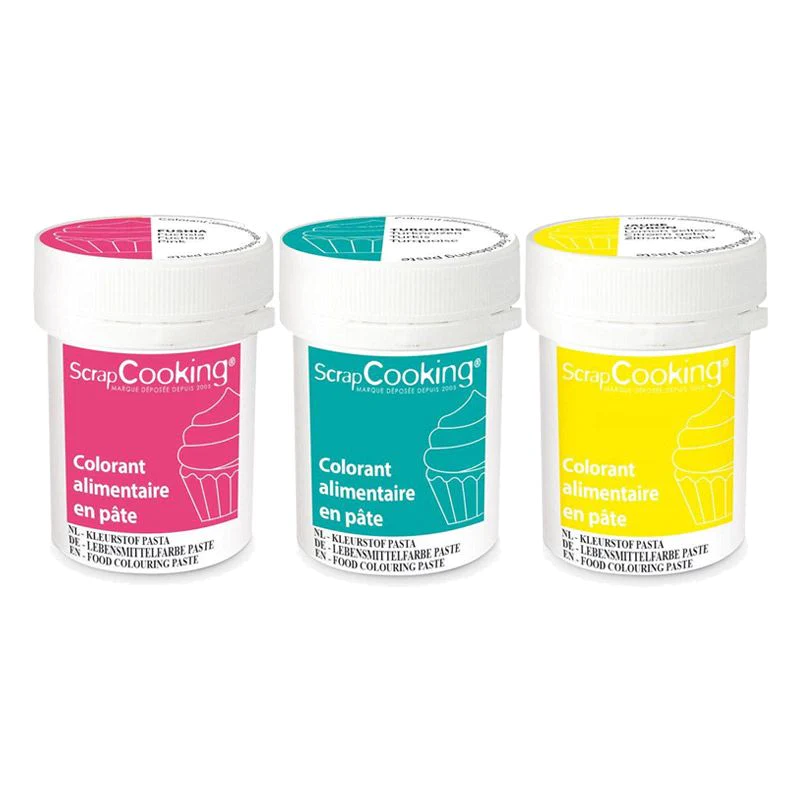 3 colorants alimentaires en pâte 20 g - fuchsia-turquoise-citron Scrap