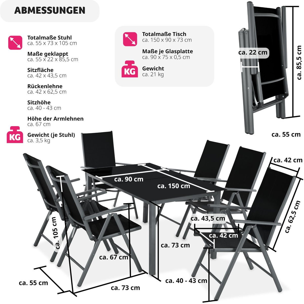 tectake Ercolano zitgroep met aluminium frame, voor 6 personen, tafel met veiligheidsglasplaat en stelschroeven