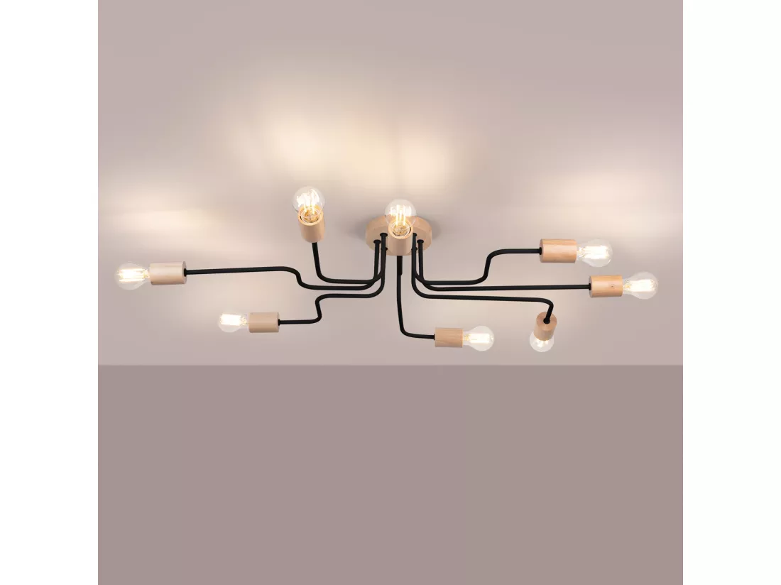 Lustre Timbo grenier en acier/bois - 8 sources lumineuses - L.100 x H.16,5 cm - noir/bois naturel