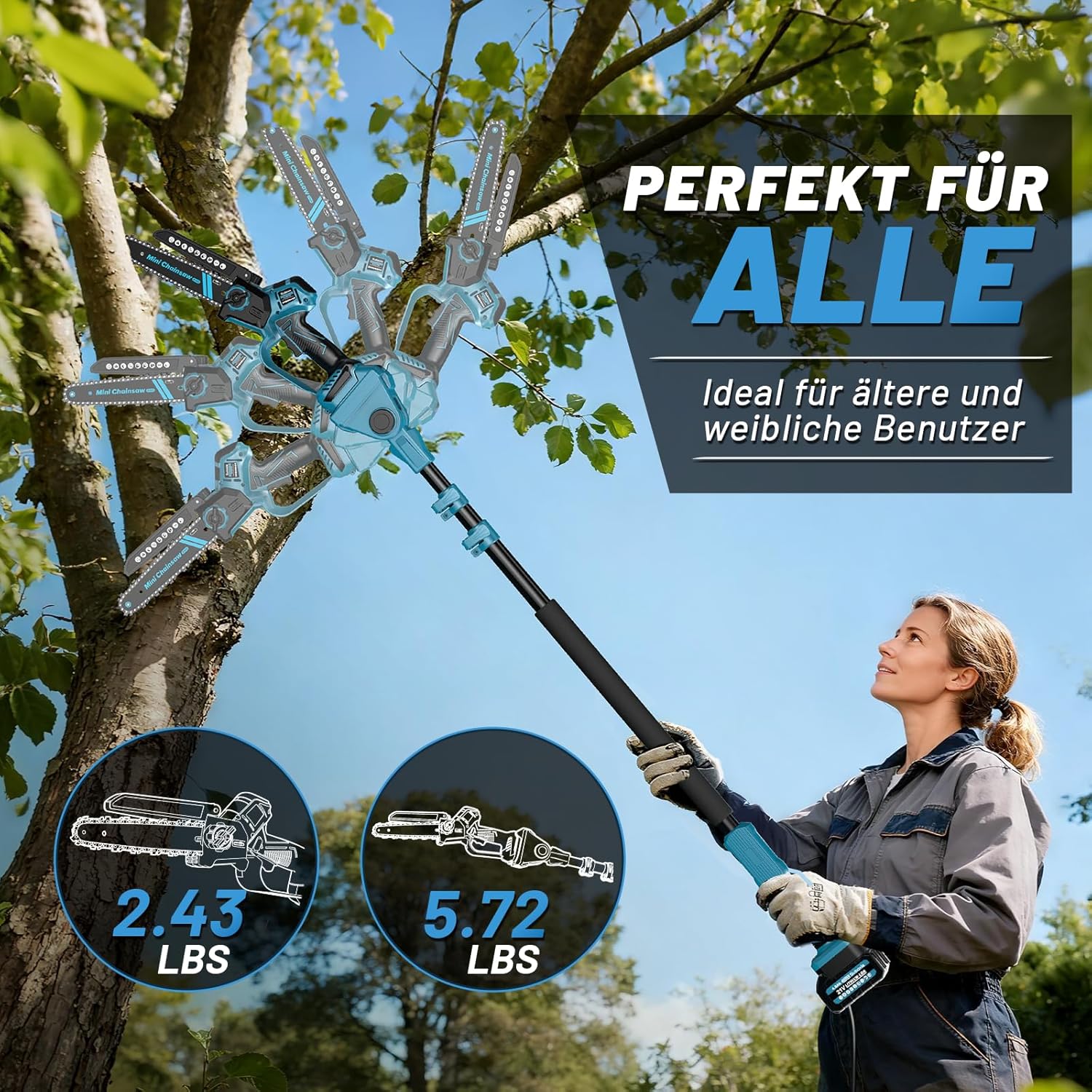 3-In-1 Akku Hochentaster,6&8 Zoll Mini Kettensäge mit 2X 4,0Ah Akku,Handkettensäge mit Teleskopstange Linkshänderfreundlich, 180° Abwinkelbarer,Arbeitslänge bis zu 4,57m für Gartenpflege,Baumschnitt