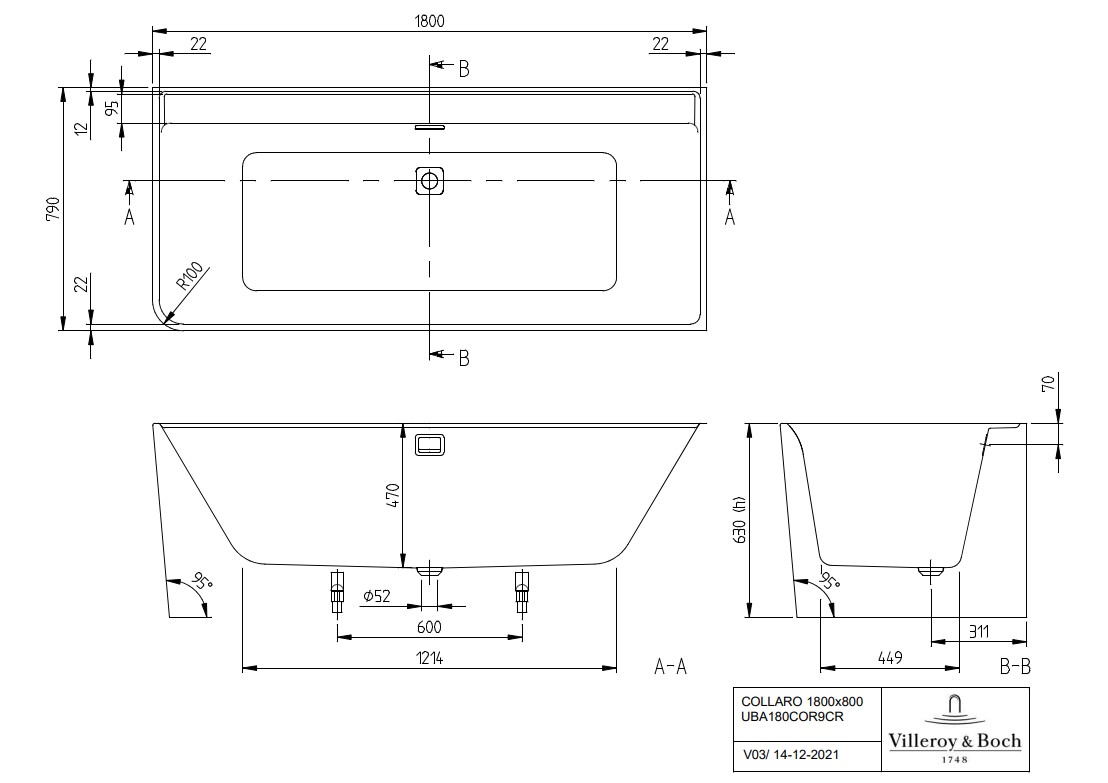 Villeroy & Boch Collaro half vrijstaand rechts ligbad 180x80cm wit met zwarte afvoerplug