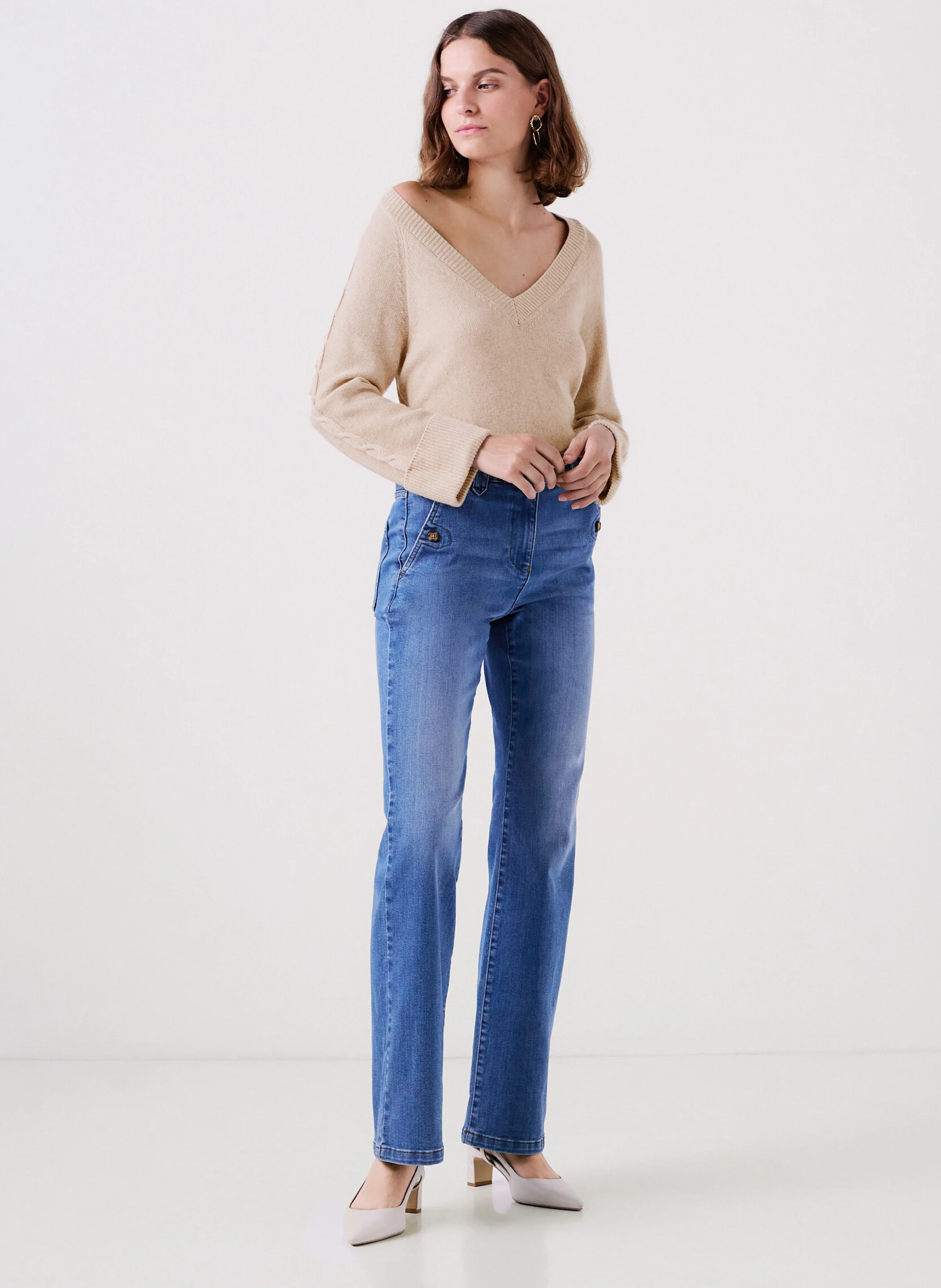 MJADE - Pull col V en laine mélangée | Beige
