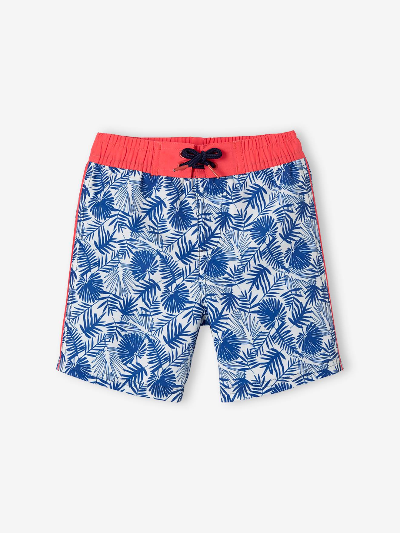 Calção de banho infantil com estampa de folhas, tamanho médio, estampa azul.