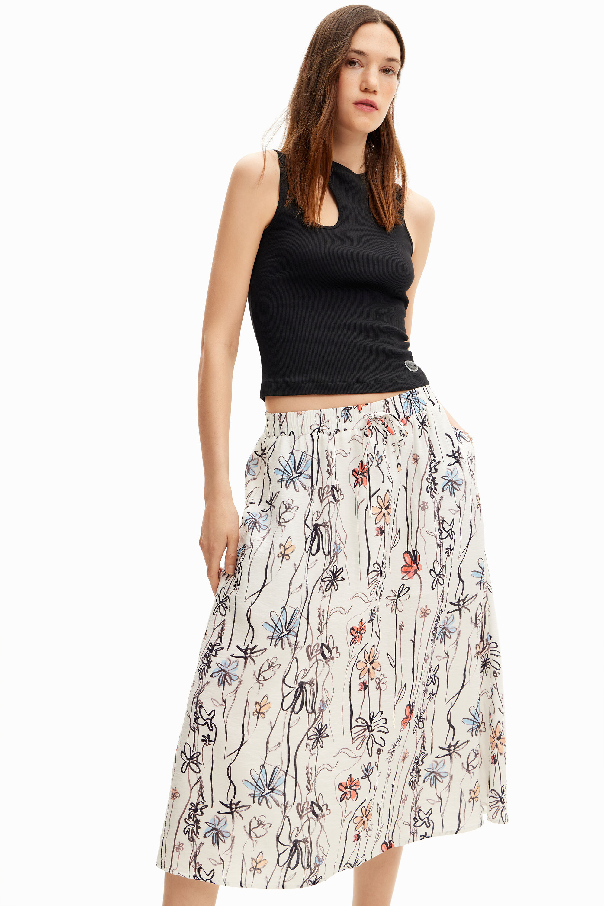 Falda midi flores ilustradas