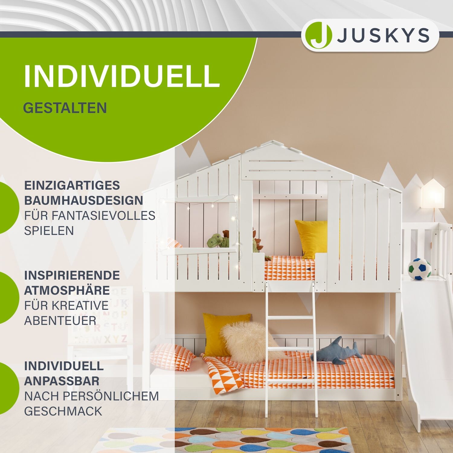 Juskys Kinderbett Baumhaus 90x200 cm Weiß mit Rutsche, Dach & Lattenrost – Hausbett für Kinder