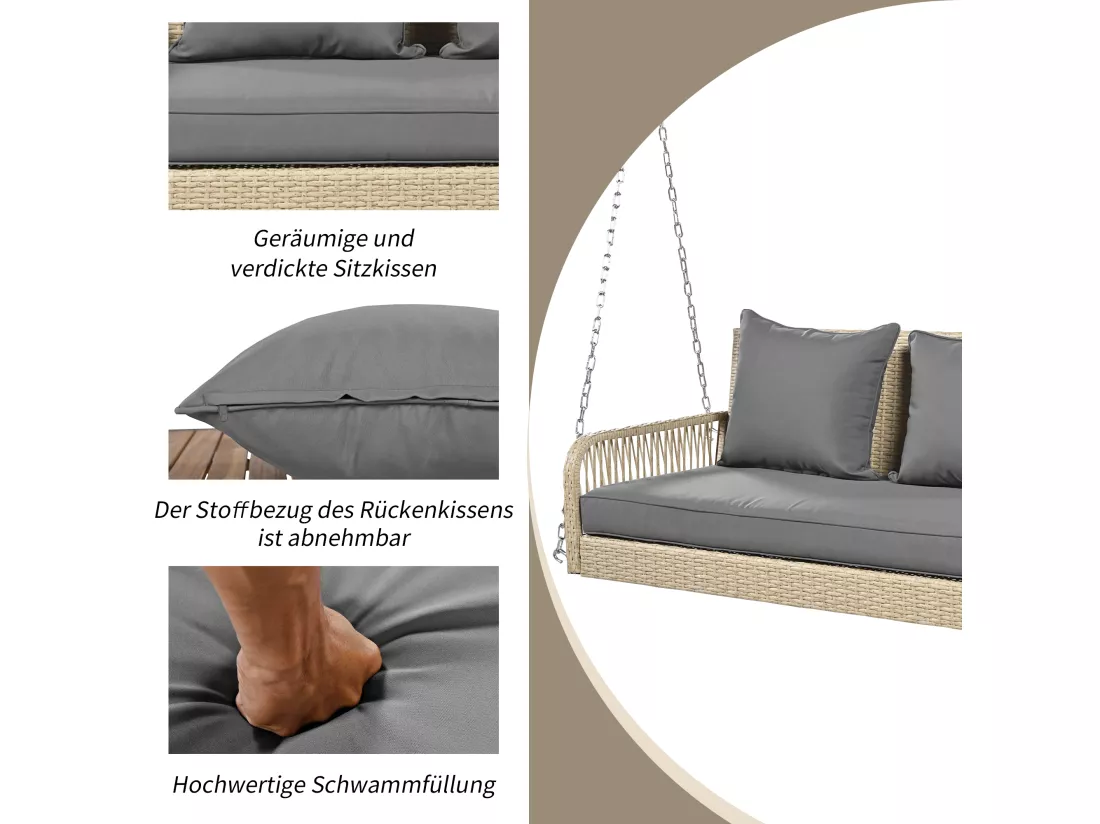 Fauteuil suspendu 114 cm en rotin PE - 2 Places - Coussin d'assise rembourrage 11 cm - Beige + gris