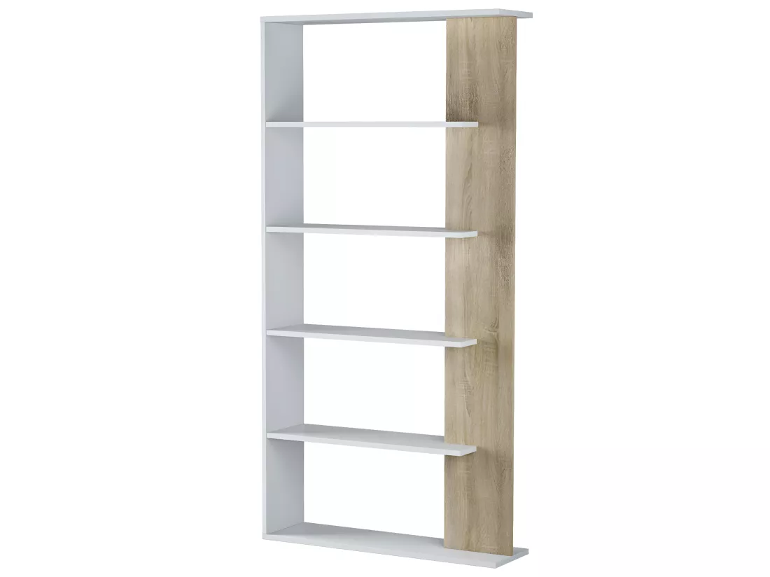 Bibliothèque avec 5 étagères coloris Blanc / Chêne en mélamine - Dim: 180 x 90 x 25 cm
