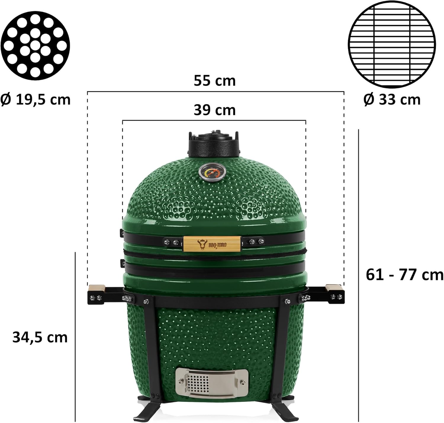 BBQ-Toro Kamado Grill Holzkohlegrill Shiro Ø 39 cm | Grün | Mini Holzkohlegrill mit Thermometer & Holzgriffen | Keramikgrill rund | Ceramic Grill Ei, Smoker, BBQ Grillofen, Kamado BBQ