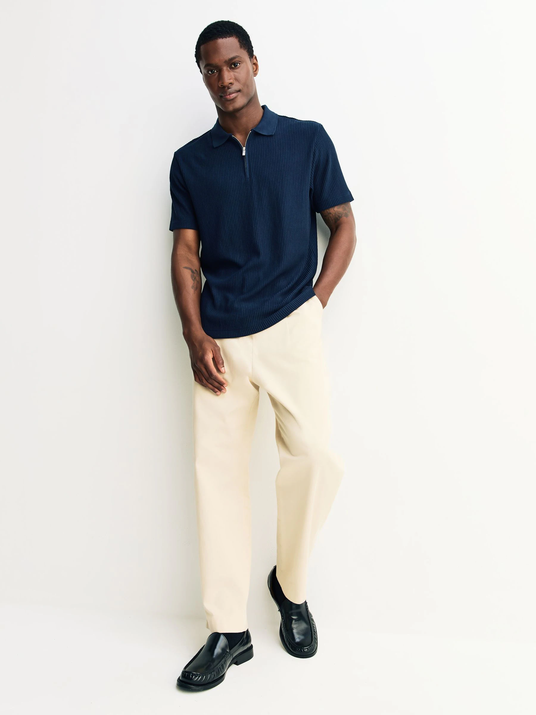 Donkerblauw - Smart poloshirt met textuur en rits