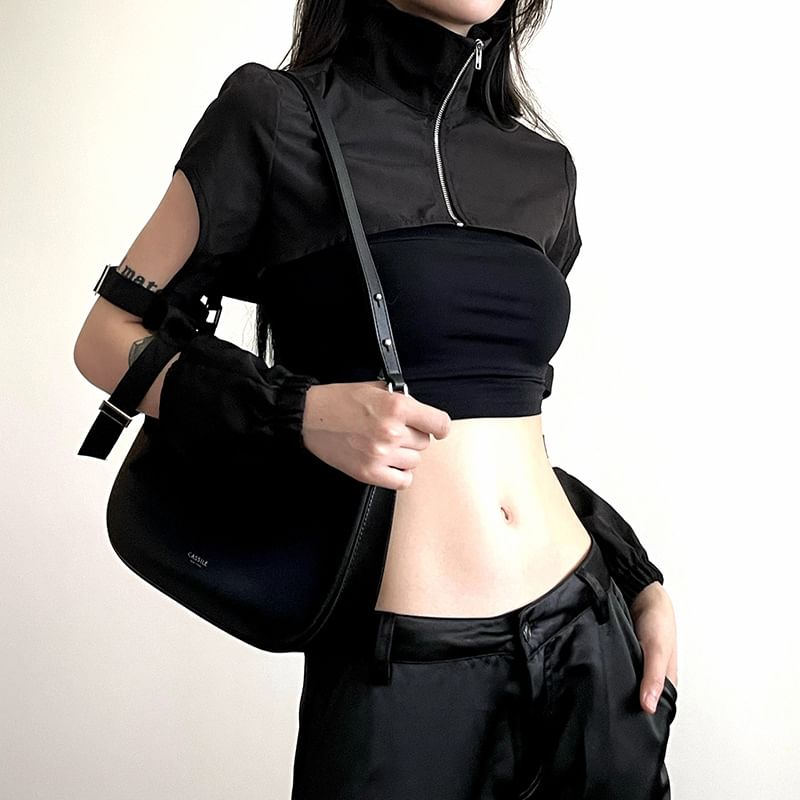 PolkaBella - Crop top met lange mouwen, gespen, hoge hals en halve rits