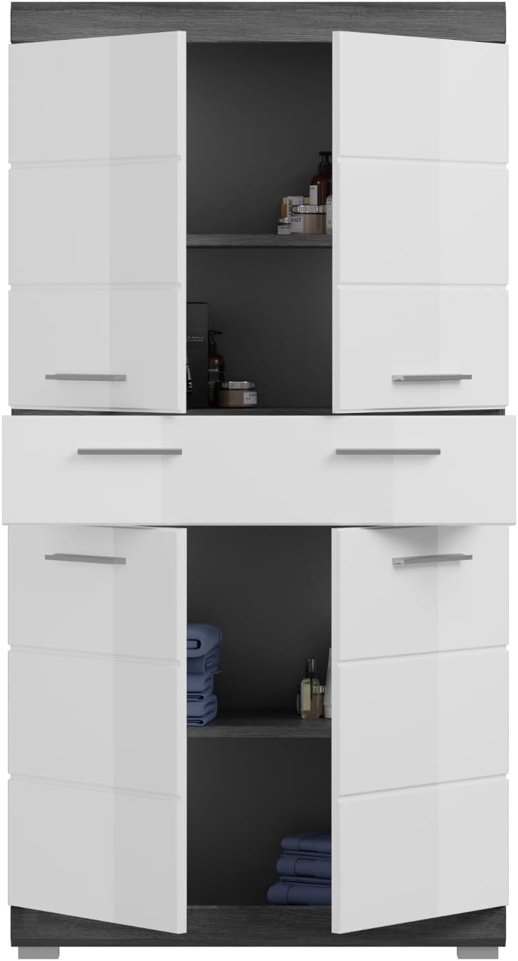 Badezimmer Midischrank weiß Hochglanz und Rauchsilber grau Badschrank Badmöbel 74 x 141 cm Shawn