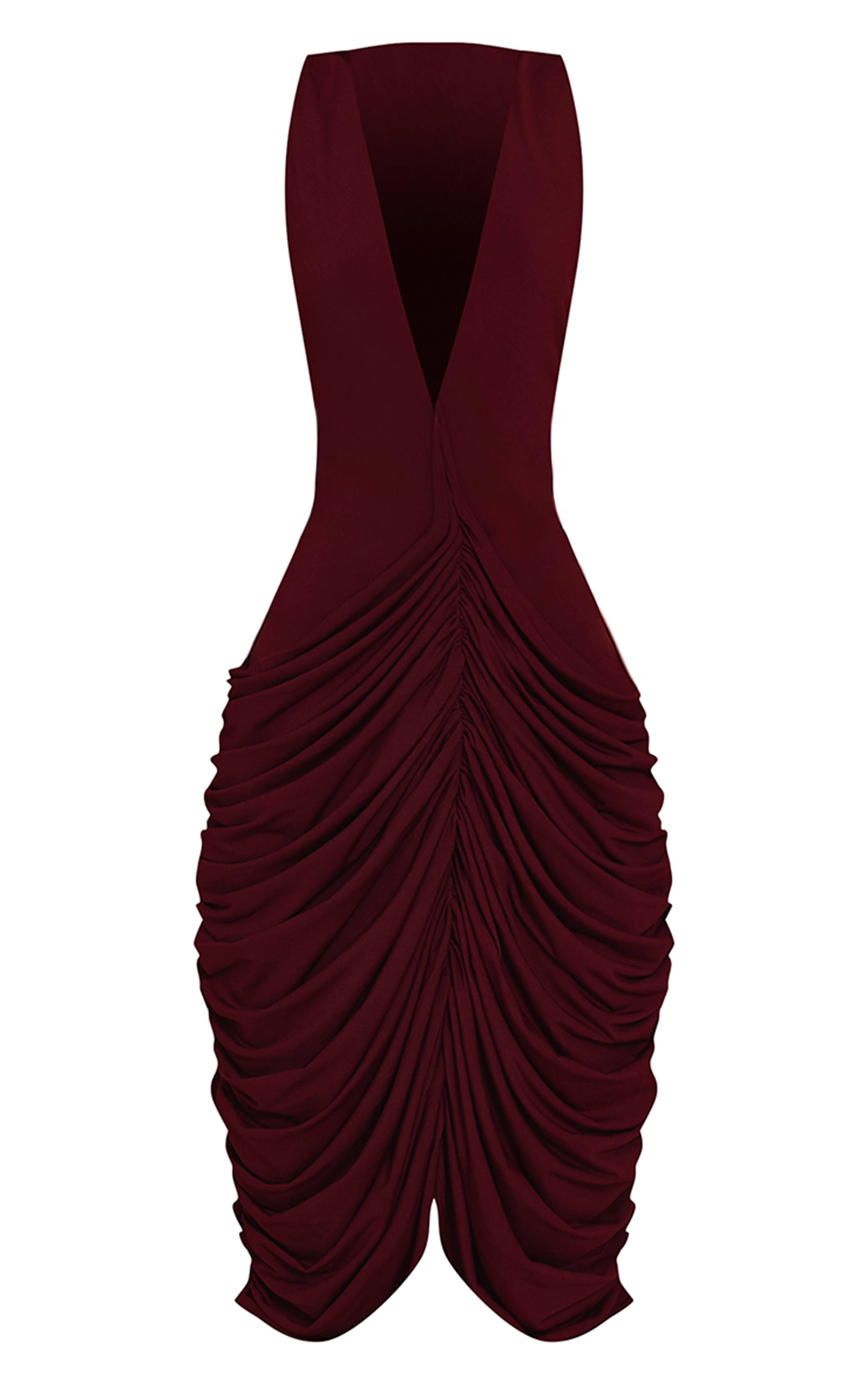 Rouge Mûrier Robe Midi Moulante À Jupe Drapée Et Décolleté Plongeant Plt Label