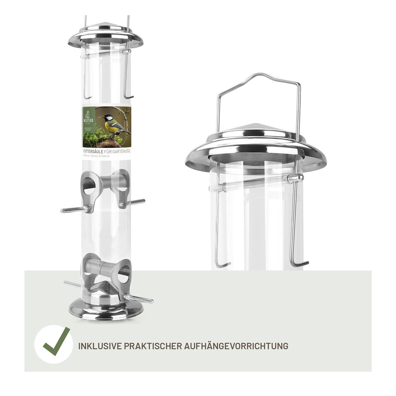 wildtier liebe Futtersäule für Samen, Körner & Kerne 38cm, Silber