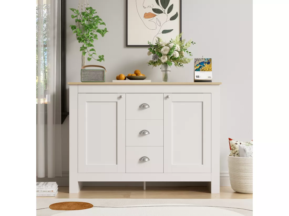 Buffet en bois blanc chaud avec 2 portes et 3 tiroirs,d116cm×h81cm