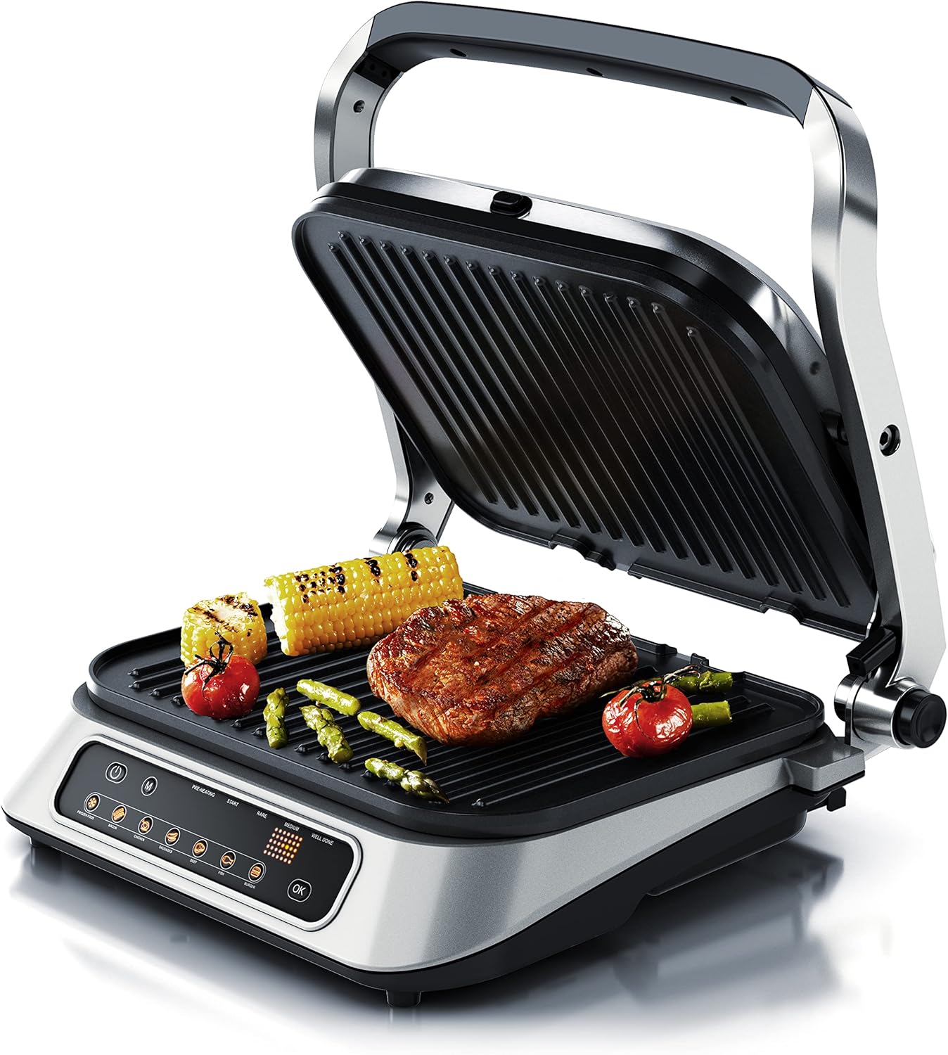 Arendo - Kontaktgrill Elektrogrill - elektrischer Tischgrill - Sandwichmaker - Multi Grill mit Digitalsteuerung 1900 W - 7 Programme - Leicht Reinigung durch abnehmbare Platten - Edelstahl