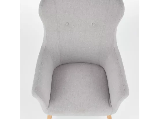 Fauteuil rembourré en tissu gris clair avec dossier haut et pieds en bois de caoutchouc WISH