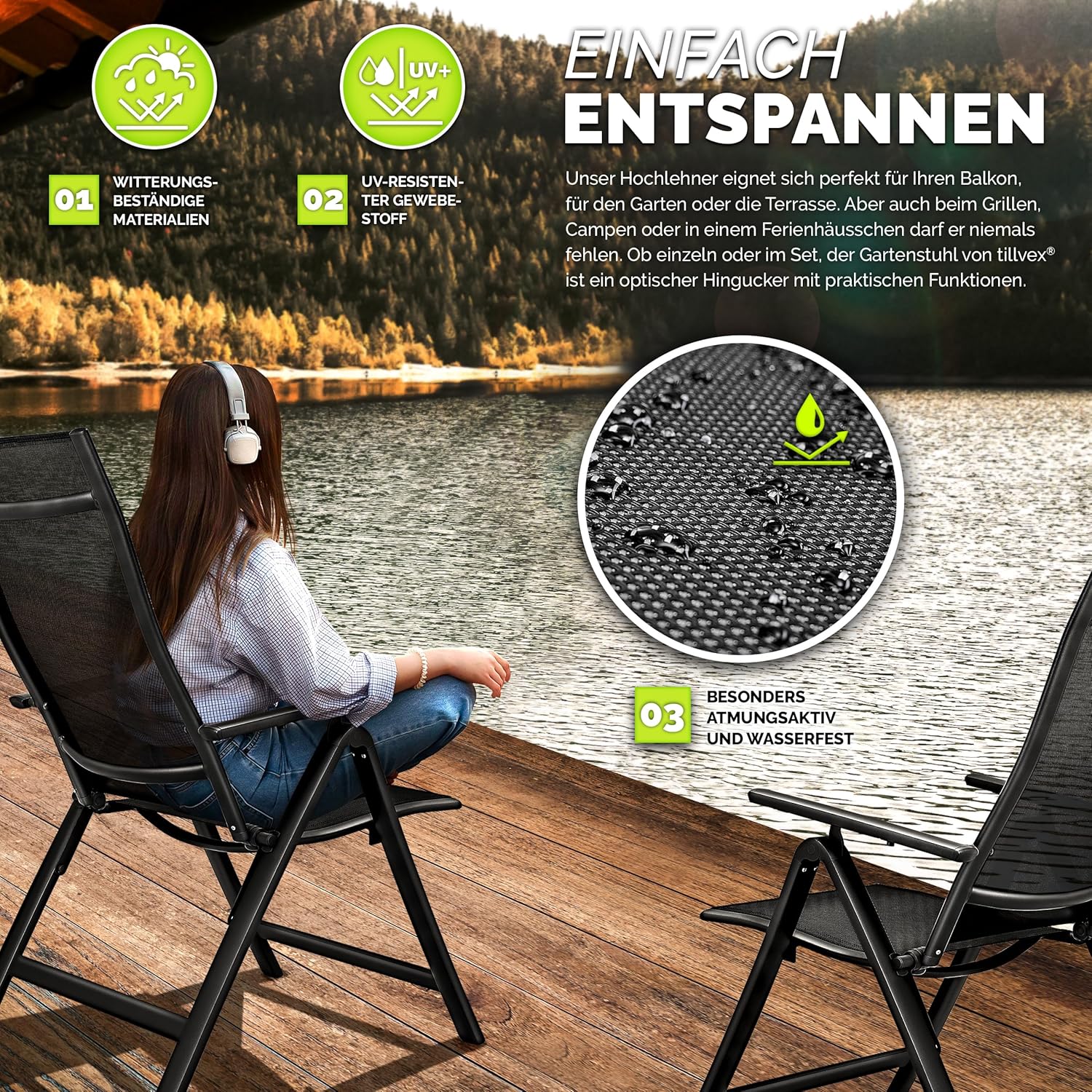 tillvex Gartenstuhl Premium 2er Set klappbar aus Aluminium | Hochlehner mit Armlehnen | Klappstuhl verstellbar | Klappsessel Balkon Garten Terrasse (Schwarz)