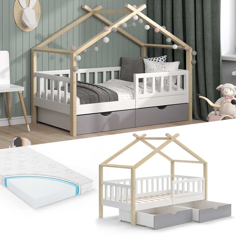 VitaliSpa Kinderbett Hausbett Einzelbett Design Weiß Grau Natur modern 80x160 cm Kinderzimmer Bett Massivholz Lattenrost Schublade Rausfallschutz Schubladenbett Matratze
