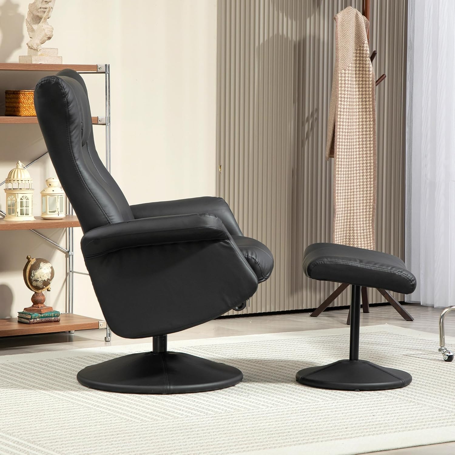HOMCOM Relaxsessel mit Hocker 360°Drehbarer Fernsehsessel mit Liegefunktion Ruhesessel mit Verstellbar Rückenlehne TV-Sessel bis 150 kg belastbar für Wohnzimmer Kunstleder, Schwarz