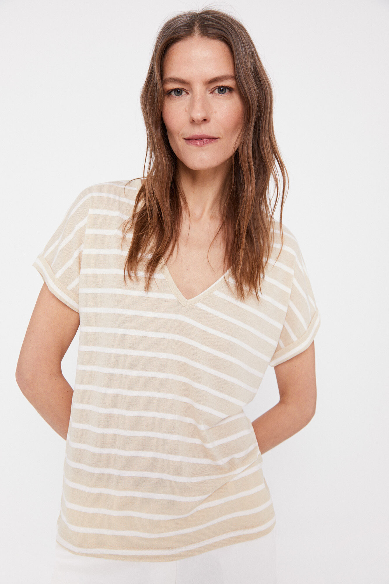 Blusa de malha listrada - Bege